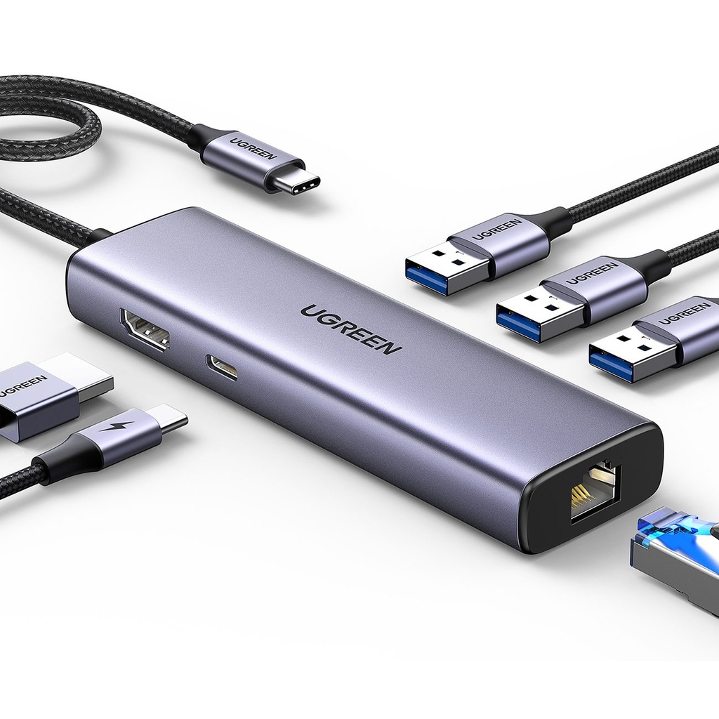 HUB Ugreen CM512 15598 6in1 USB-C - 3x USB-A 3.0 / HDMI / RJ45 / USB-C PD - gray