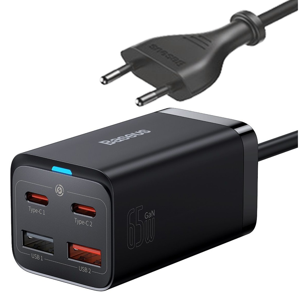 Baseus GaN3 Pro fast charger GaN 2 x USB Type C / 2 x USB 65W PD, QC4.0+, AFC, PPS + cable USB Type C - USB Type C 1m black (CCGP040101)