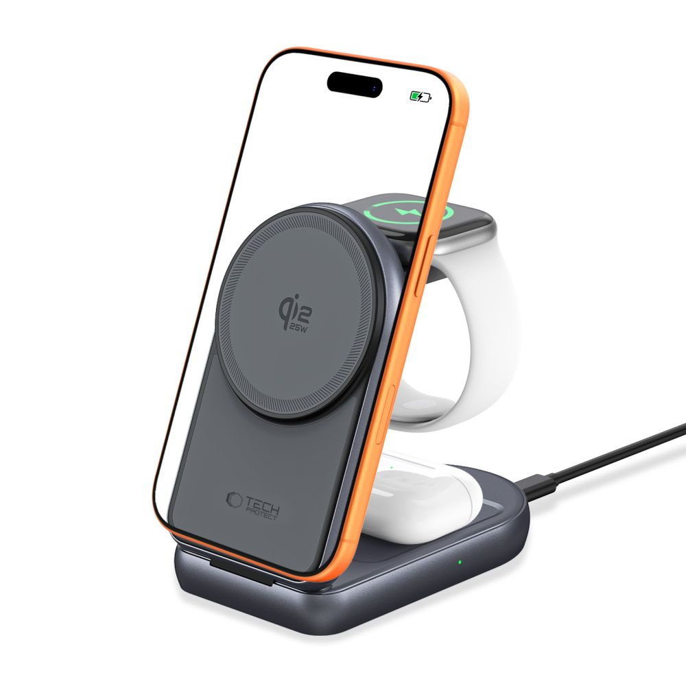 Tech-Protect A53 3-in-1 Qi2.2 25W MagSafe Wireless Charging Stand - Dark Gray