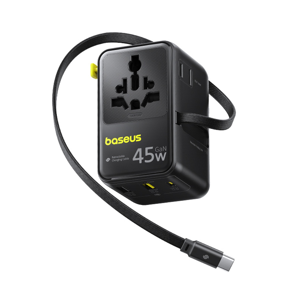 Baseus PicoGo AG11 45W 6-in-1 Universal Travel Adapter with Retractable USB-C Cable - Black