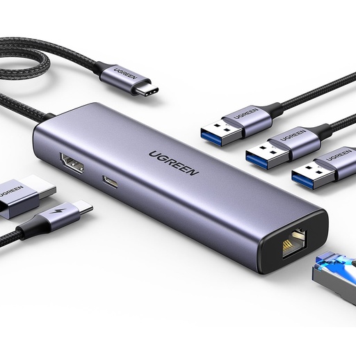 HUB Ugreen CM512 15598 6in1 USB-C - 3x USB-A 3.0 / HDMI / RJ45 / USB-C PD - gray