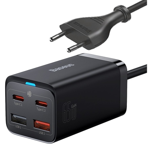 Baseus GaN3 Pro fast charger GaN 2 x USB Type C / 2 x USB 65W PD, QC4.0+, AFC, PPS + cable USB Type C - USB Type C 1m black (CCGP040101)
