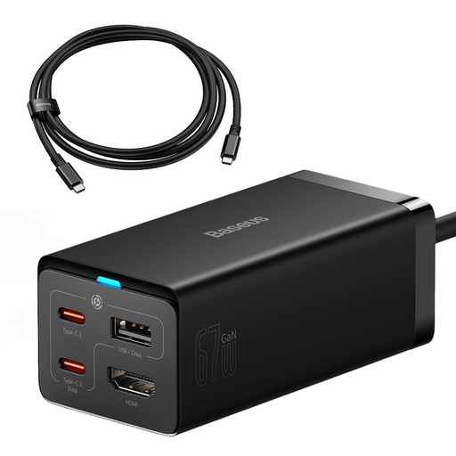 Baseus GaN5 Pro 67W Desktop Charger with HDMI Hub 2x USB-C / USB-A / HDMI 4K + USB-C Cable 1m - Black (CCGP110201)