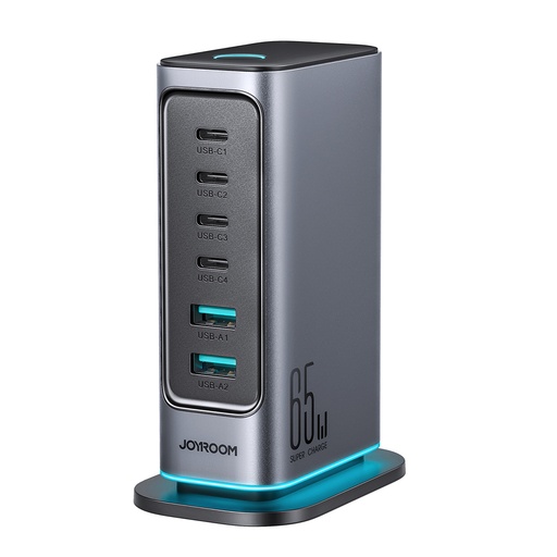 Joyroom JR-TCM02 65W GaN Desktop Charger 4x USB-C + 2x USB-A with LED Light - Dark Gray