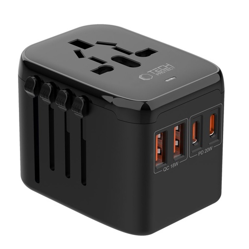Tech-Protect TA200 Universal Travel Adapter EU / UK / US / AU with 2x USB-A + 2x USB-C - Black